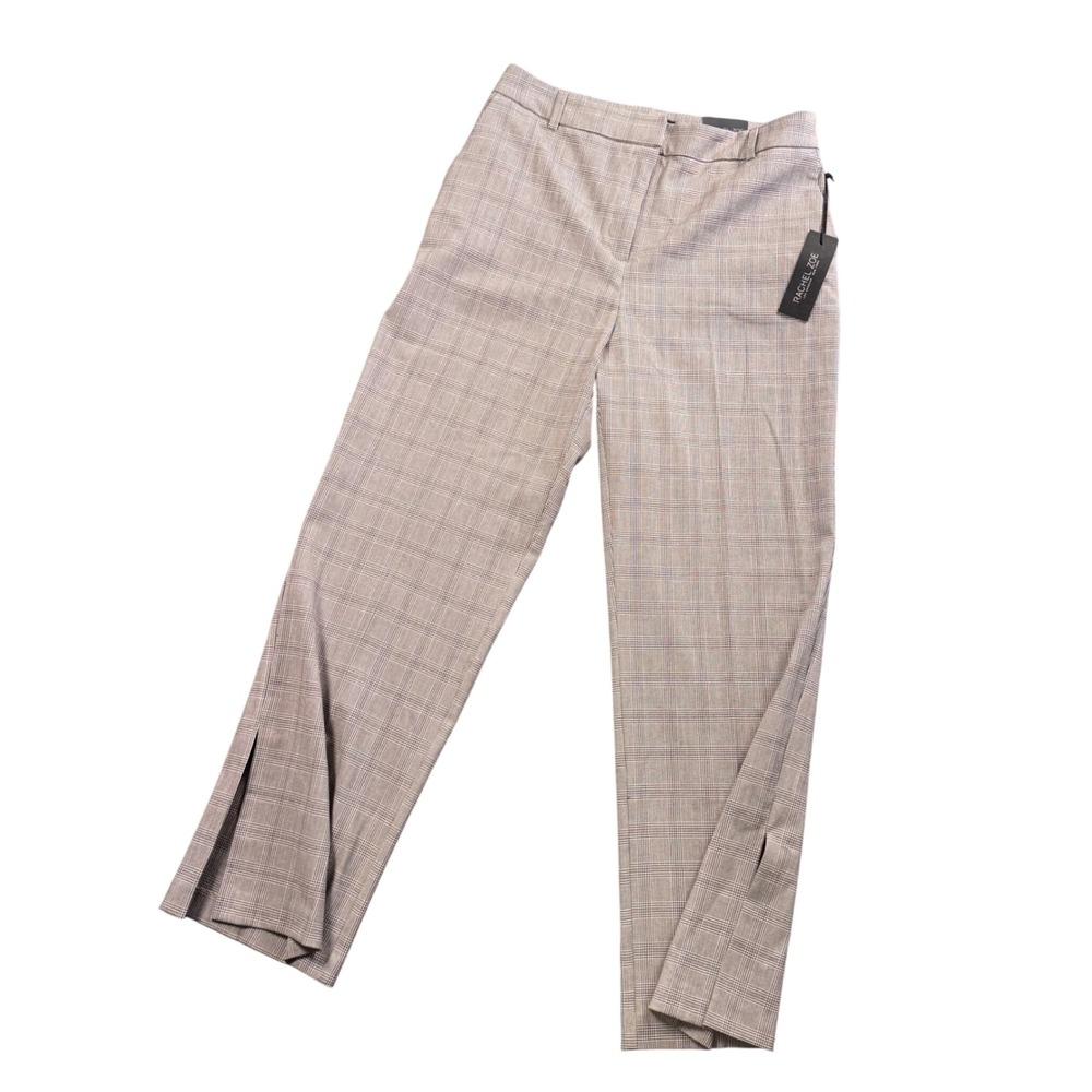 Rachel Zoe Plaid Straight Leg Pants Women Size 10 Tan Brown Hi-Rise Slit Hem NWT